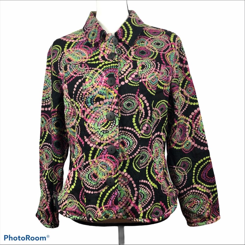 Abstract, modern multi color circle jacket size M